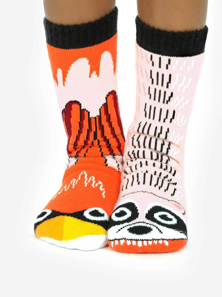 Raccoon & Cardinal Mismatched Animals Grippy Toddlers Socks for wholesale by Pals Socks