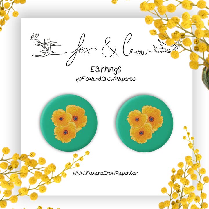 Brincos de papoula amarela/brincos de flor/jóias fofas por atacado de Fox & Crow Paper co.