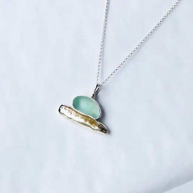La Soucique Studio Metalsmithing - Wholesale Pendant/Charm Necklace - Stacked Seaglass and Pearl Necklace - Sterling Silver2