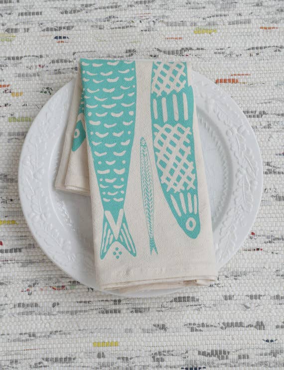 Hearth and Harrow – wholesale Tea towel – Sardines Tea Towel in Mint Green - Organic Cotton - Fishes2
