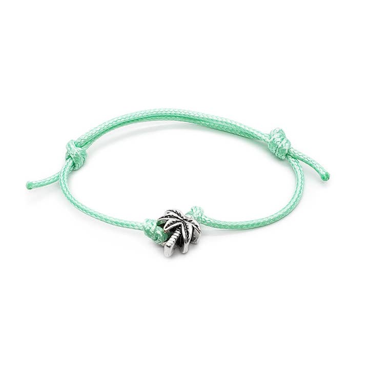 Palm Tree Charm Bracelet, Silver Mint Green String Bracelet for wholesale by O Yeah Gifts