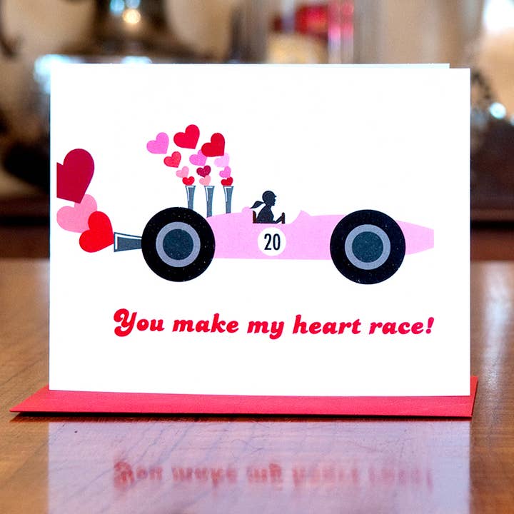 MAN vs. GEORGE DESIGN - Wholesale Valentine's Day Card - You Make My Heart Race - Race Car Love or Valentine Card