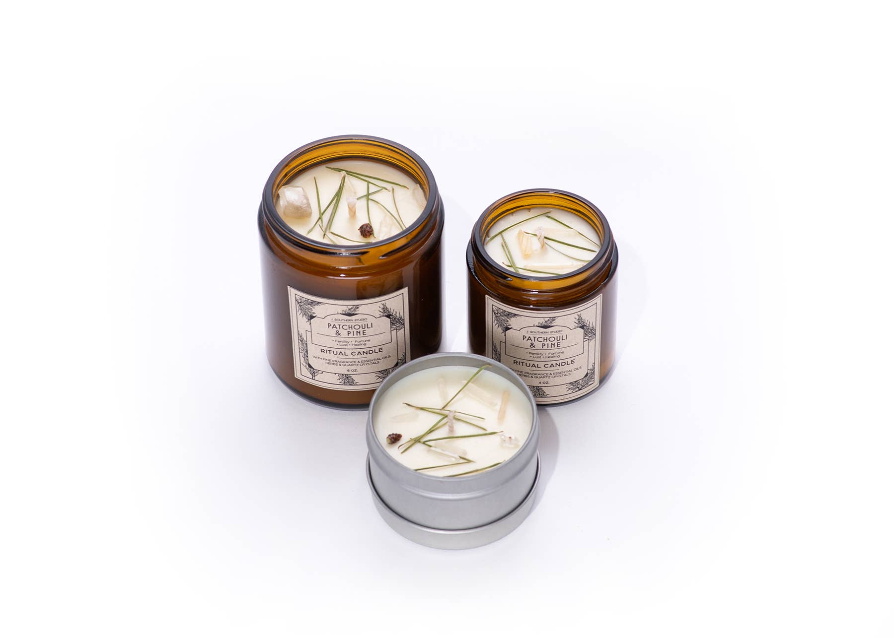 J. Southern Studio - Wholesale Travel Candles - Travel Tin Patchouli & Pine Ritual Candle with crystals and essential oils- 4 oz.3