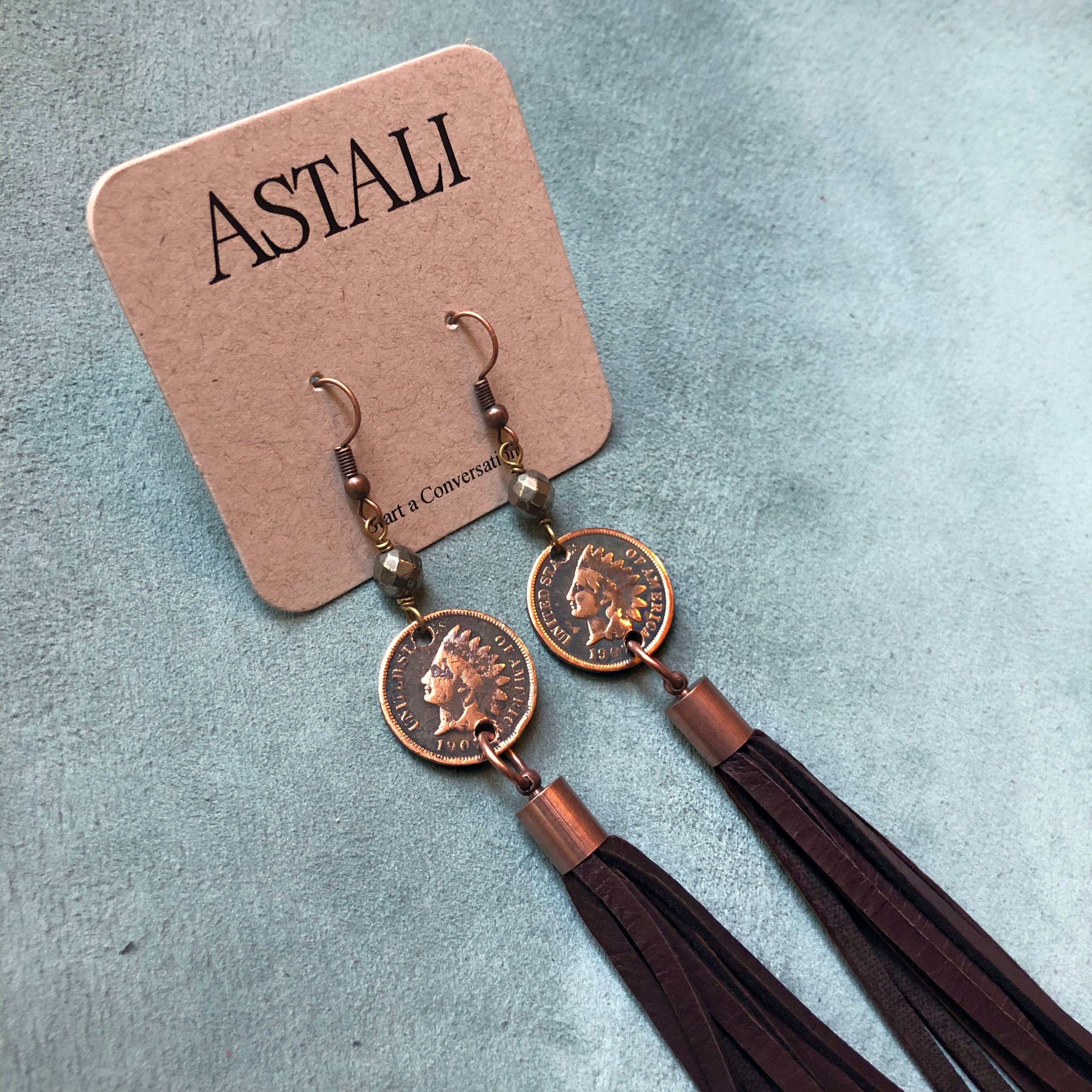 ASTALI - Wholesale Tassel Earrings - Indian Head Cent & Leather Tassel Earrings - Chocolate Brown4