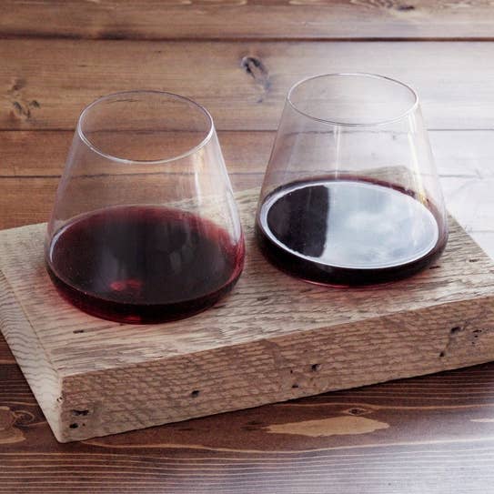 Pair of 12oz Wine Glasses with Barn Wood Stand for wholesale by Swoon Living