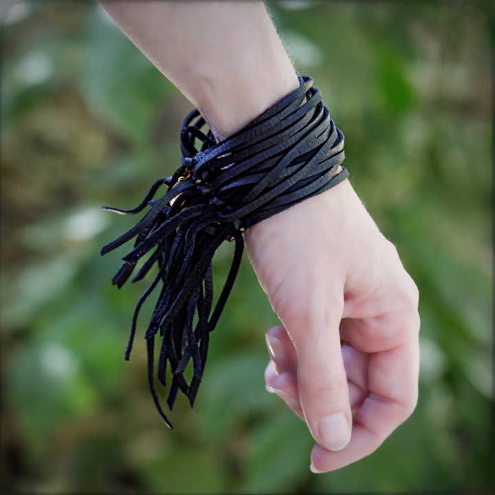 ASTALI - Wholesale Cuff Bracelet - Leather Biker Cuff - Black, Multi-Strand Fringe Bracelet4