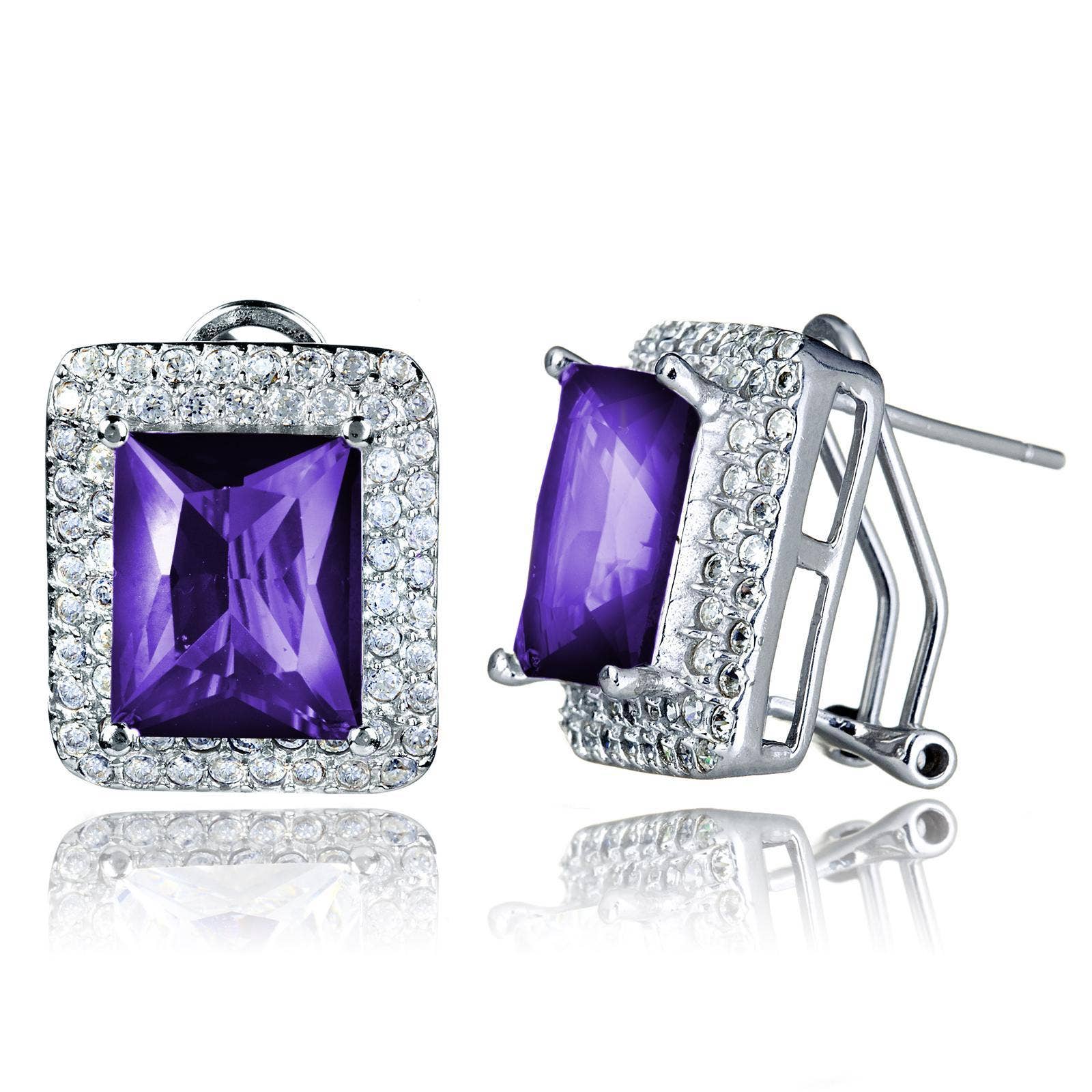 Purple Radiant-cut Colored Cubic Zirconia Double Halo Earrings for wholesale on Faire1