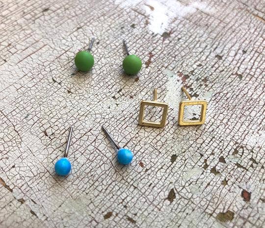 Leetie Lovendale - Wholesale Stud/Post Earrings - Turquoise Frosted Gold Squares & Lime Tiny Geo Stud Earrings1