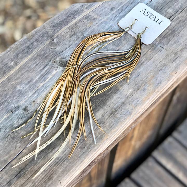 Extra Long Feather Earrings - Golden Black, Boho Western for wholesale by ASTALI