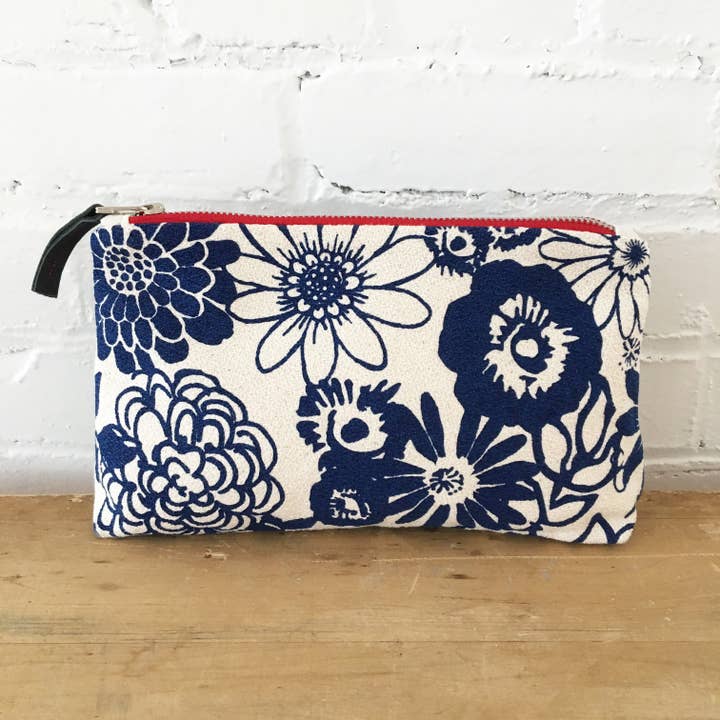 Navy Wild Garden Makeup Zipper Bag for wholesale by Erin Flett