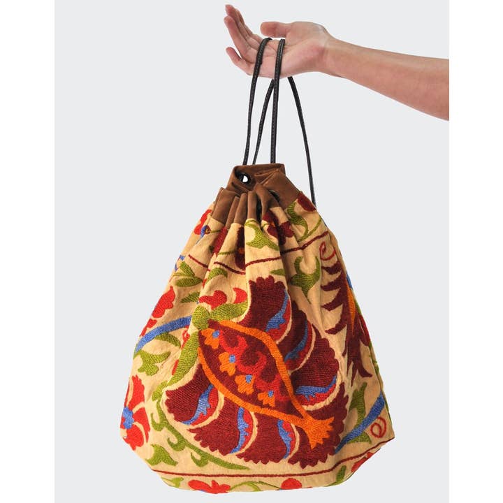 Mustard Suzani Drawstring Backpack for wholesale by Yesness