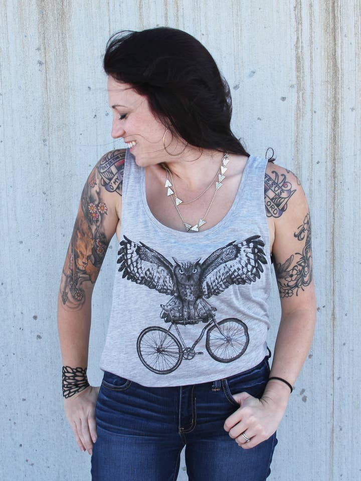 Owl On A Bicycle Womens' Cropped Tank for wholesale by Dark Cycle Clothing