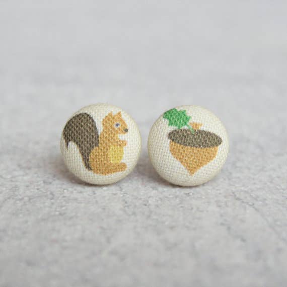 Rachel O's - Wholesale Stud/Post Earrings - Squirrel and Acorn Fabric Button Earrings
