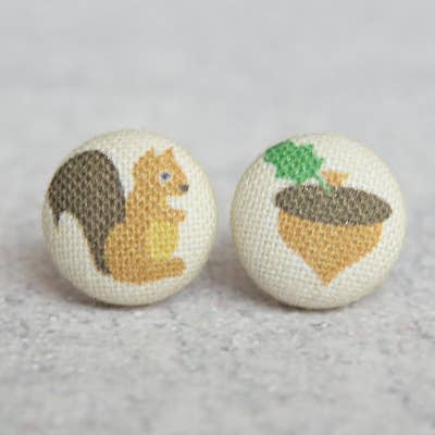Rachel O's - Wholesale Stud/Post Earrings - Squirrel and Acorn Fabric Button Earrings0