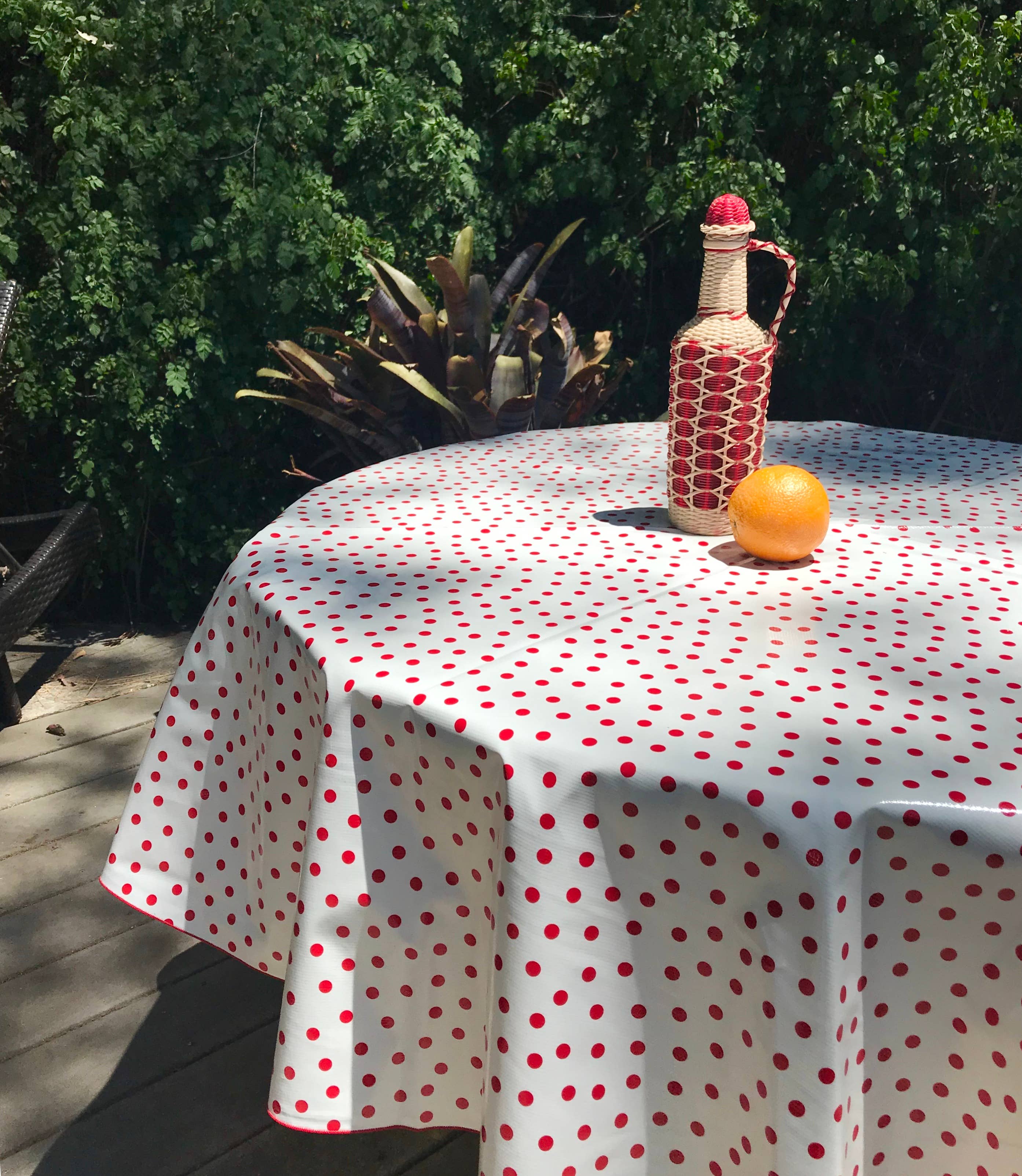 Oilcloth International – wholesale Tablecloth – Red Polka Dot Tablecloth 68"