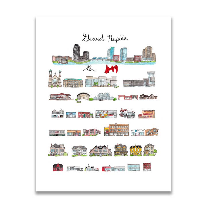 Stampa Grand Rapids MI, 28 x 35,6 cm per la vendita all'ingrosso da parte di Jodi Lynn's Emporium of Doodles