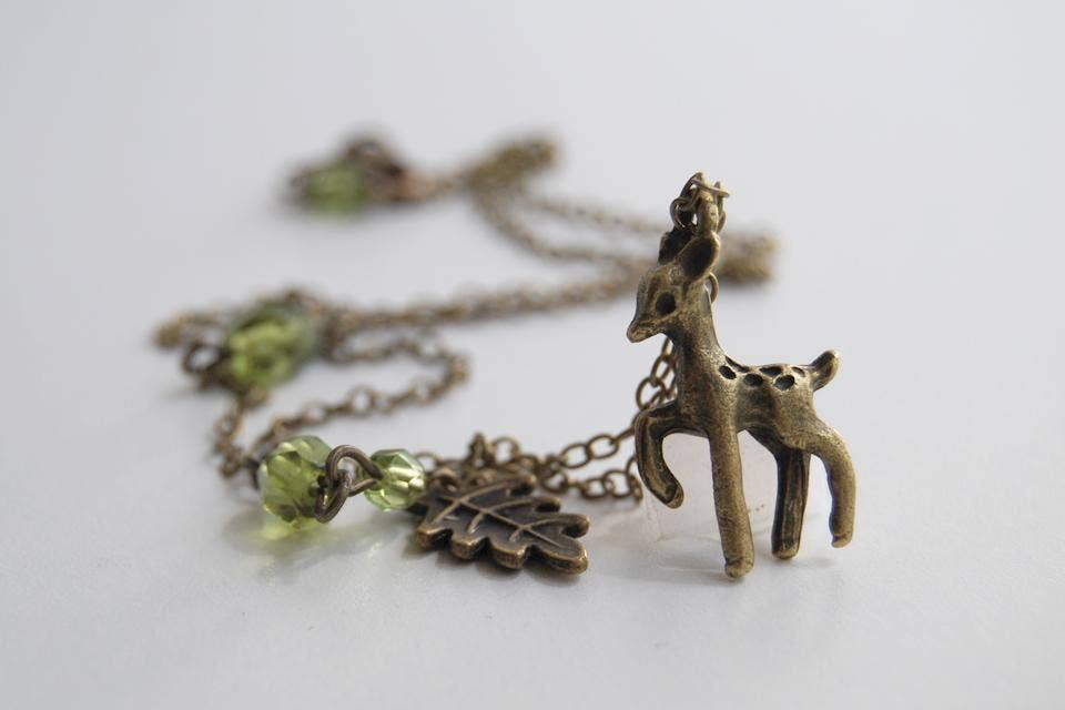 Enchanted Leaves - Wholesale Pendant/Charm Necklace - 18" Little Brass Deer Necklace