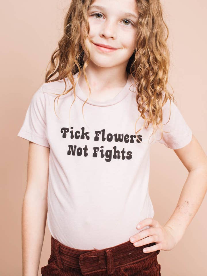 Pick Flowers Not Fights Pink Kids T-Shirt for wholesale by The Bee & The Fox