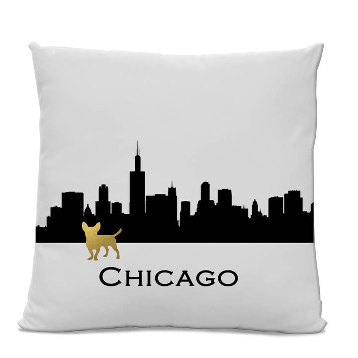 Chicago Skyline Chihuahua kussen 16" X 16" katoenen keperstof voor wholesale door Sophisticated Pup