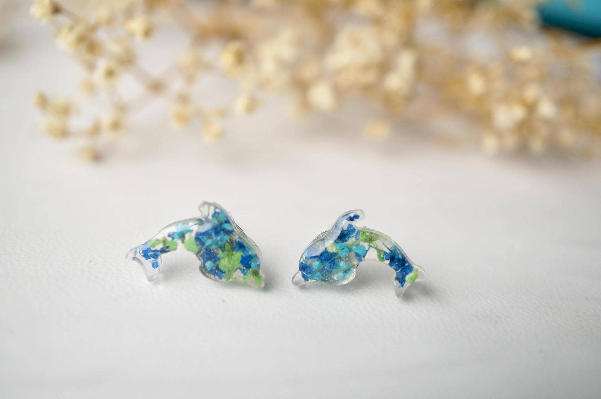 Ann + Joy - Wholesale Stud/Post Earrings - Dolphin in Greens & Blues Real Dried Flowers and Resin Stud Earrings1