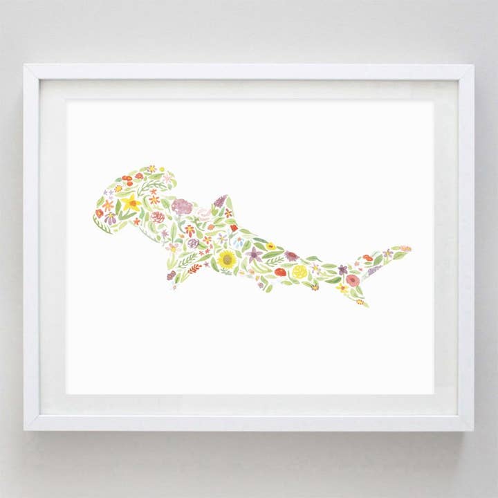 Hammerhead Shark Floral Watercolor Print for wholesale by Carly Rae Studio