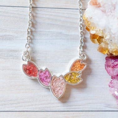 Real Pressed Flowers in Resin, Silver Necklace in Red, Pinks, Yellow & Orange for wholesale by Ann + Joy