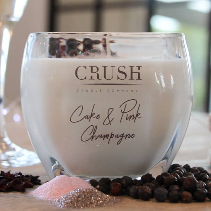 Cake and Pink Champagne Candle for wholesale by Crush Candle Company