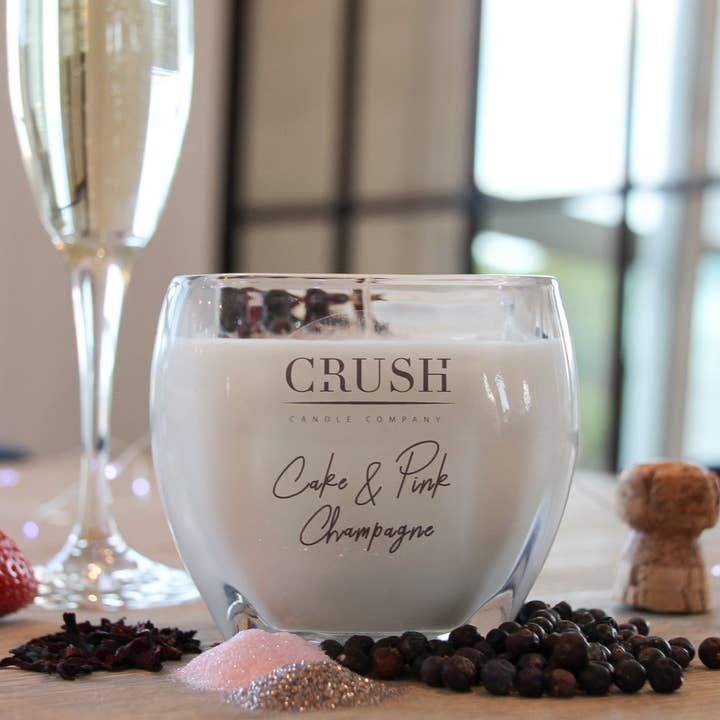 Cake and Pink Champagne Candle for wholesale by Crush Candle Company