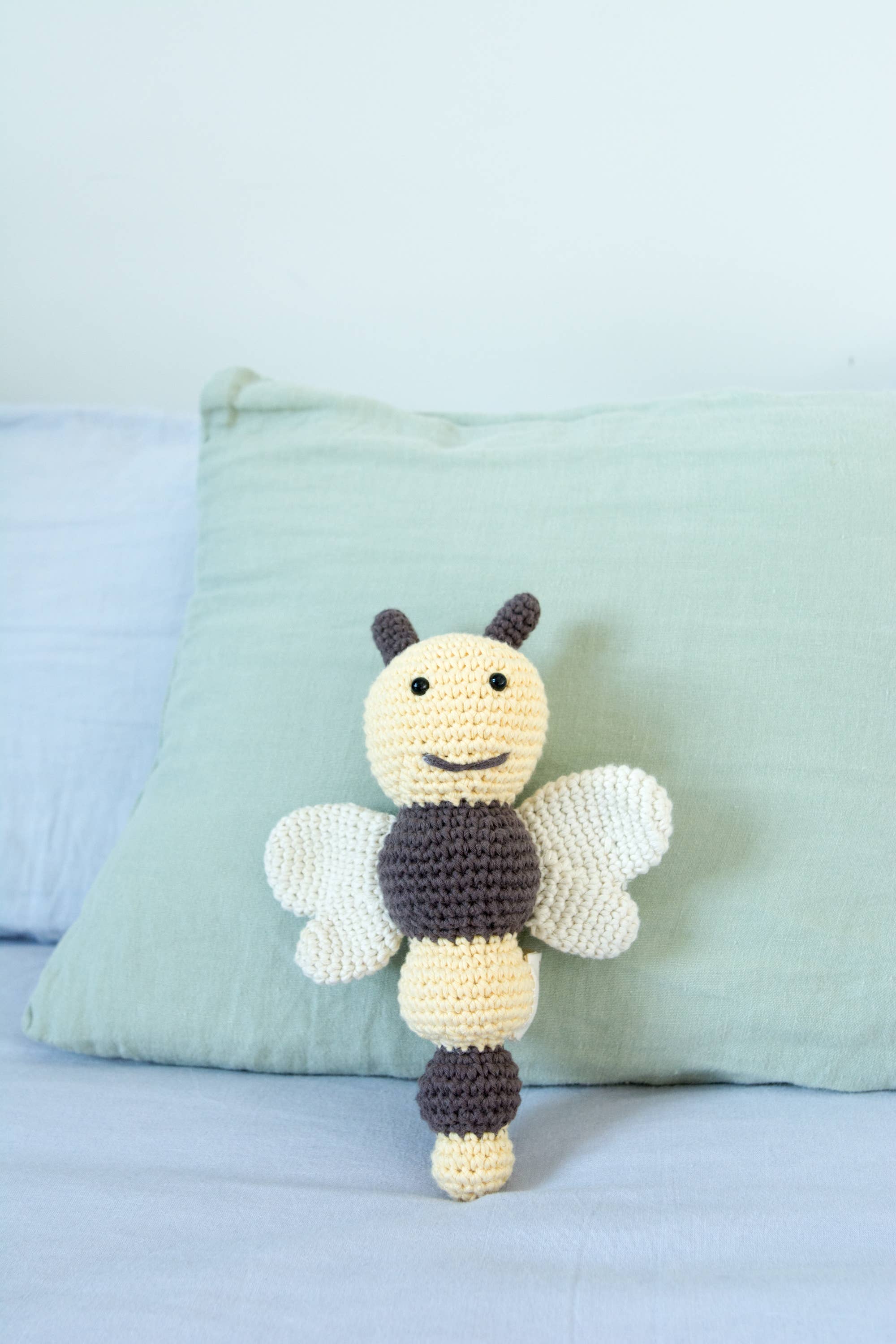 Yellow Brown Bee rattle, children's and baby toy, organic cotton for wholesale on Faire1