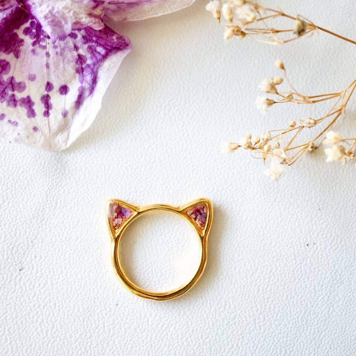 Ann + Joy - Wholesale Cocktail/gelegenheidsring - Gouden kat echte geperste bloemen in harsring3