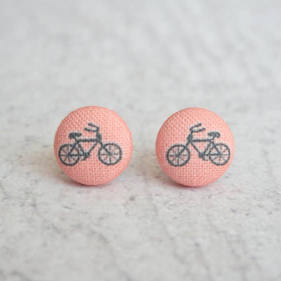 Rachel O's - Wholesale Stud/Post Earrings - Pink Bikes Fabric Button Earrings