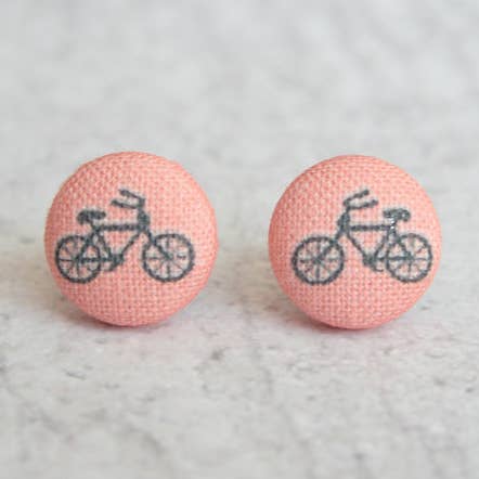Rachel O's - Wholesale Stud/Post Earrings - Pink Bikes Fabric Button Earrings0