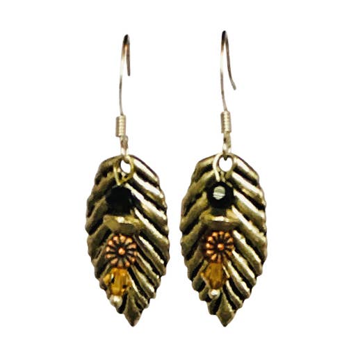Layered Leaf Earrings - jet and copper over pewter for wholesale by Nancy Neill Designs