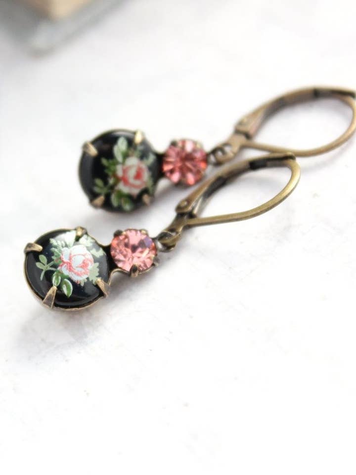 Little Cameo Earrings - Vintage Glass  - Pink Rose on Black for wholesale by A Pocket of Posies