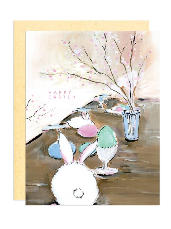 Happy Easter Table Bunnies Greeting Card for wholesale by Darling Lemon