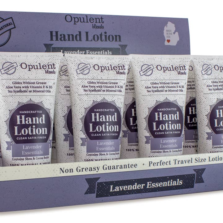 Display w/ 12 Travel Size Hand Lotions for wholesale by Opulent Blends | Bulk Refill for Waste Free Stores!