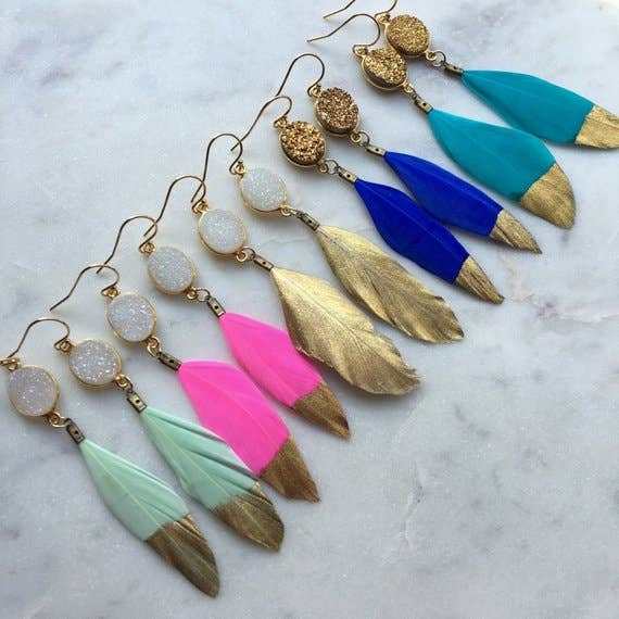 Gold Dipped Druzzy Feather Earrings for wholesale by Laalee Jewelry