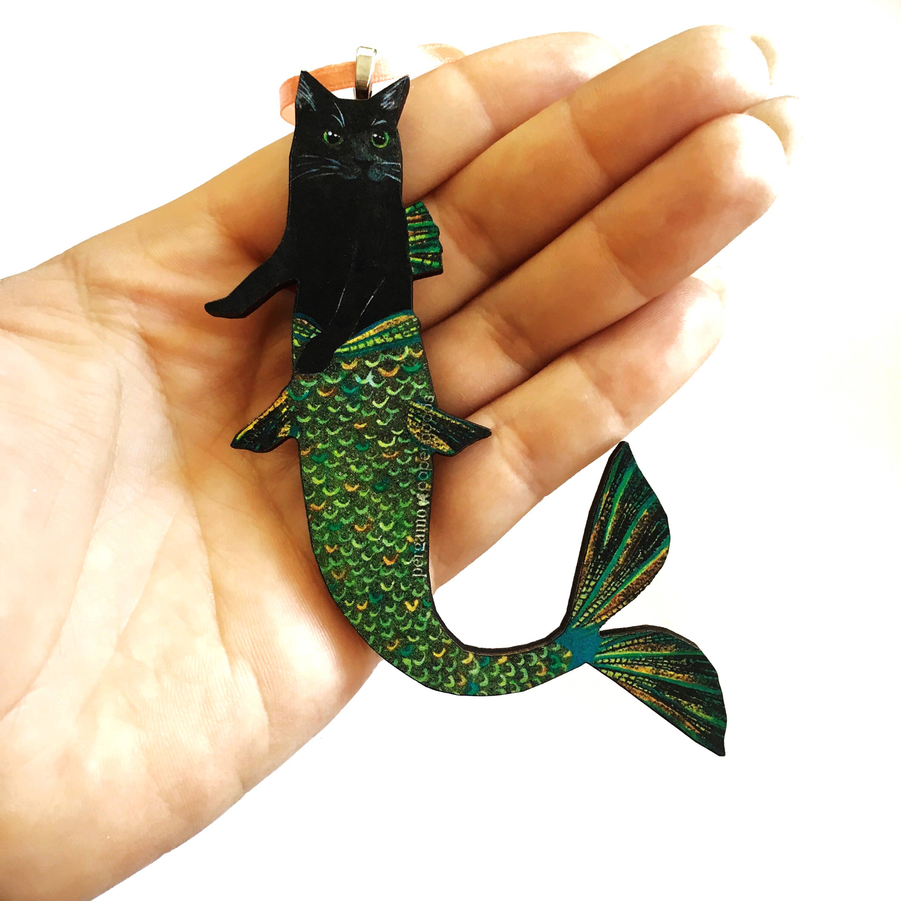 Pergamo Paper Goods - Wholesale Ornament - Black Cat Mermaid Laser Cut Wood Christmas Ornament3