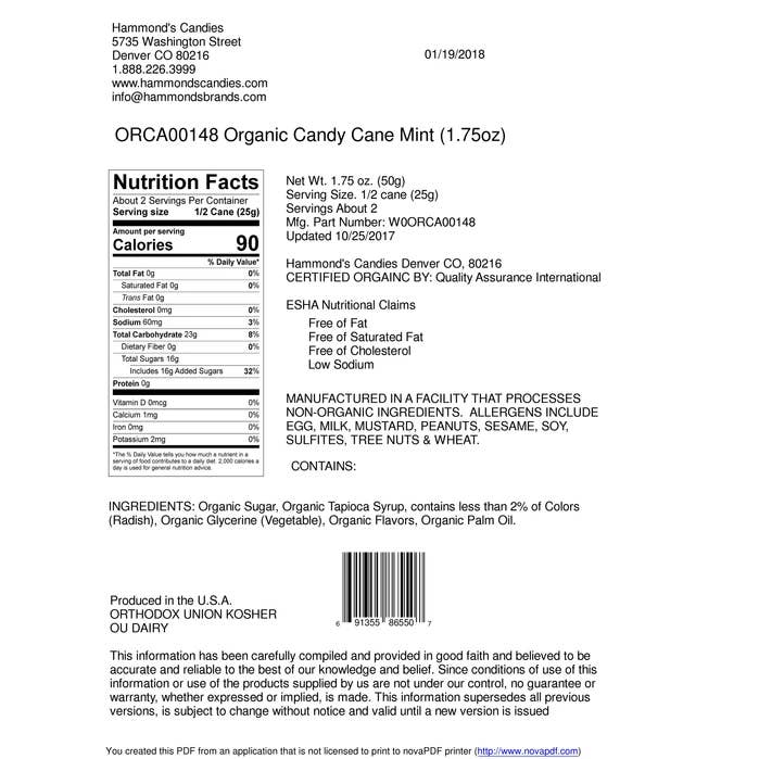 Hammond's Candies - Wholesale Candy Cane - Organic Hand-Spun Jumbo Candy Cane - Mint - 1.75 oz1