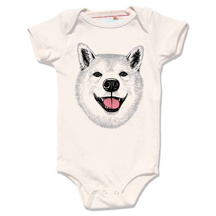 Happy Dog Onesie, Organic Cotton for wholesale by Little Lark