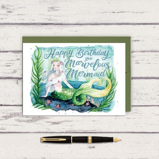 Meadowbrook Lane - Wholesale Birthday Card - Watercolor Happy Birthday Mermaid 5x7 blank card0