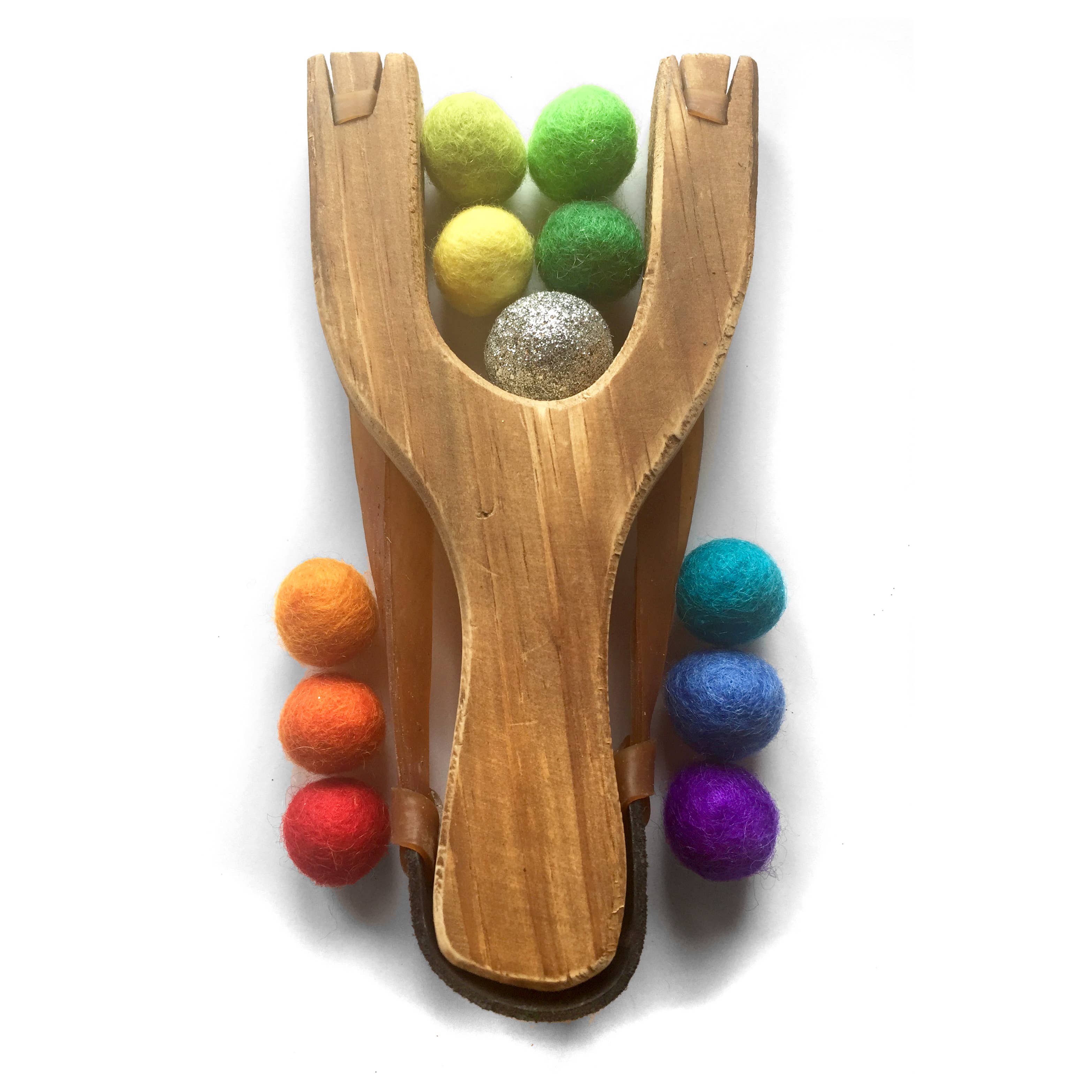 Little Lark - Vente Lance-pierre -– enfant - Lingshot de luxe en bois arc-en-ciel avec 1 boule à paillettes dorées1