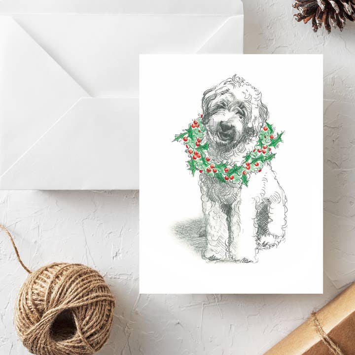 Biglietto di Natale per cani | Carta Doodle classica | Carta Goldendoodle per la vendita all'ingrosso da parte di Fable & Sage