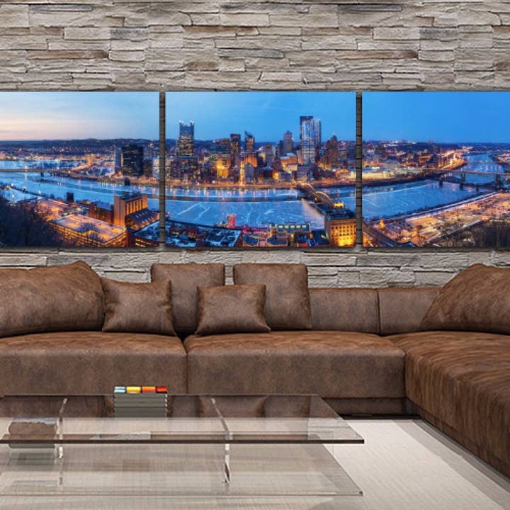 76" x 36" Vertical Format Pittsburgh Skyline Canvas Wall Art for wholesale by HolyCowCanvas