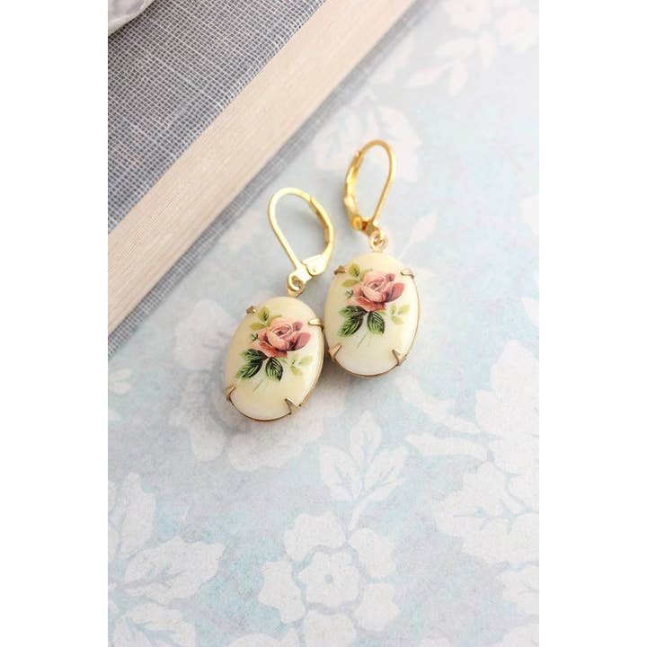 A Pocket of Posies - Wholesale Dangle Earrings - Cameo Drop Earrings - Vintage Style Red Rose