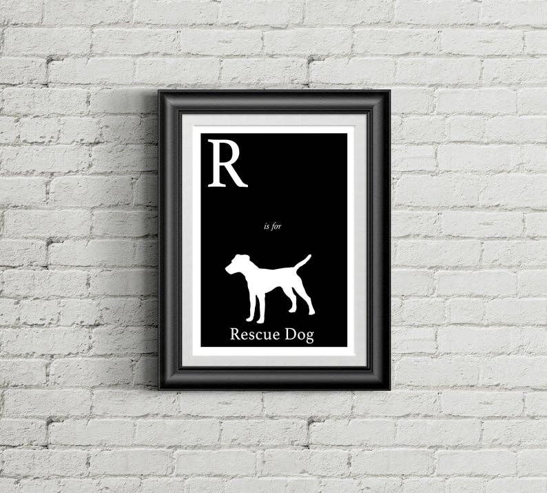 Sophisticated Pup - Vente Affiche d'art - R is for Rescue Dog Alphabet Art Impression 8,5 x 11" 0