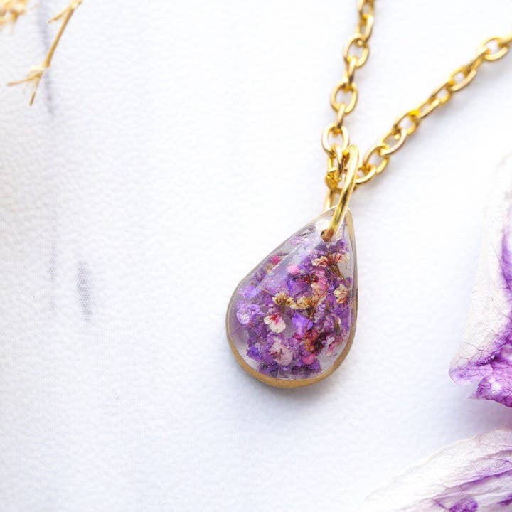 Gold Teardrop in Purple Real Dried Flowers in Resin Necklace - Small for wholesale by Ann + Joy