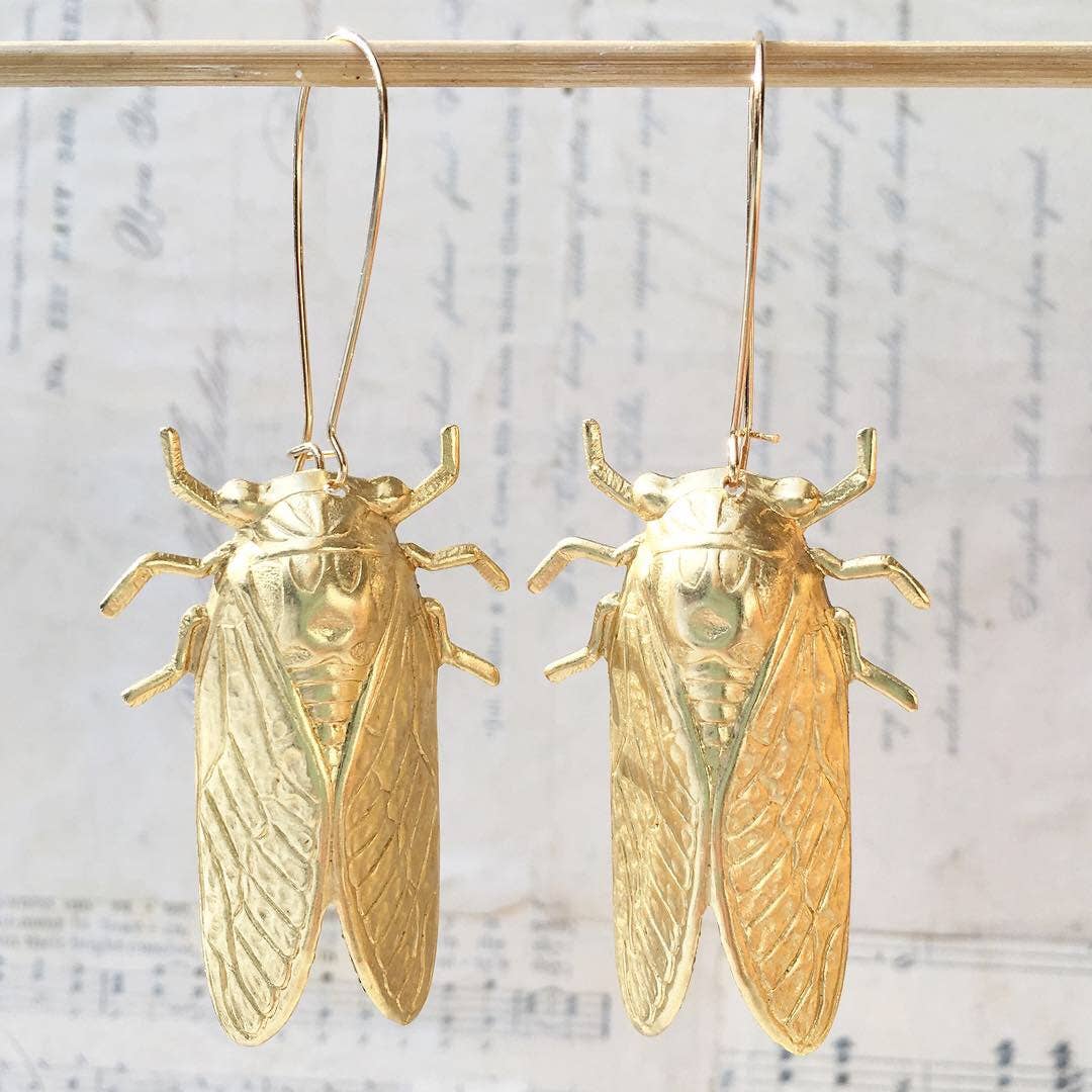 Red Truck Designs - Wholesale Dangle Earrings - Gold Cicada Earrings Whimsical Gold Long Earrings2