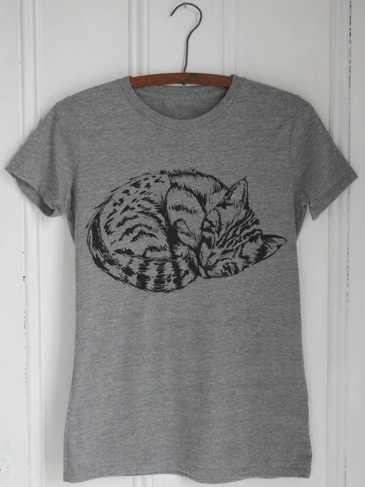 Women's Organic Cat T-Shirt, Black Ink on Grey for wholesale by Hearth and Harrow
