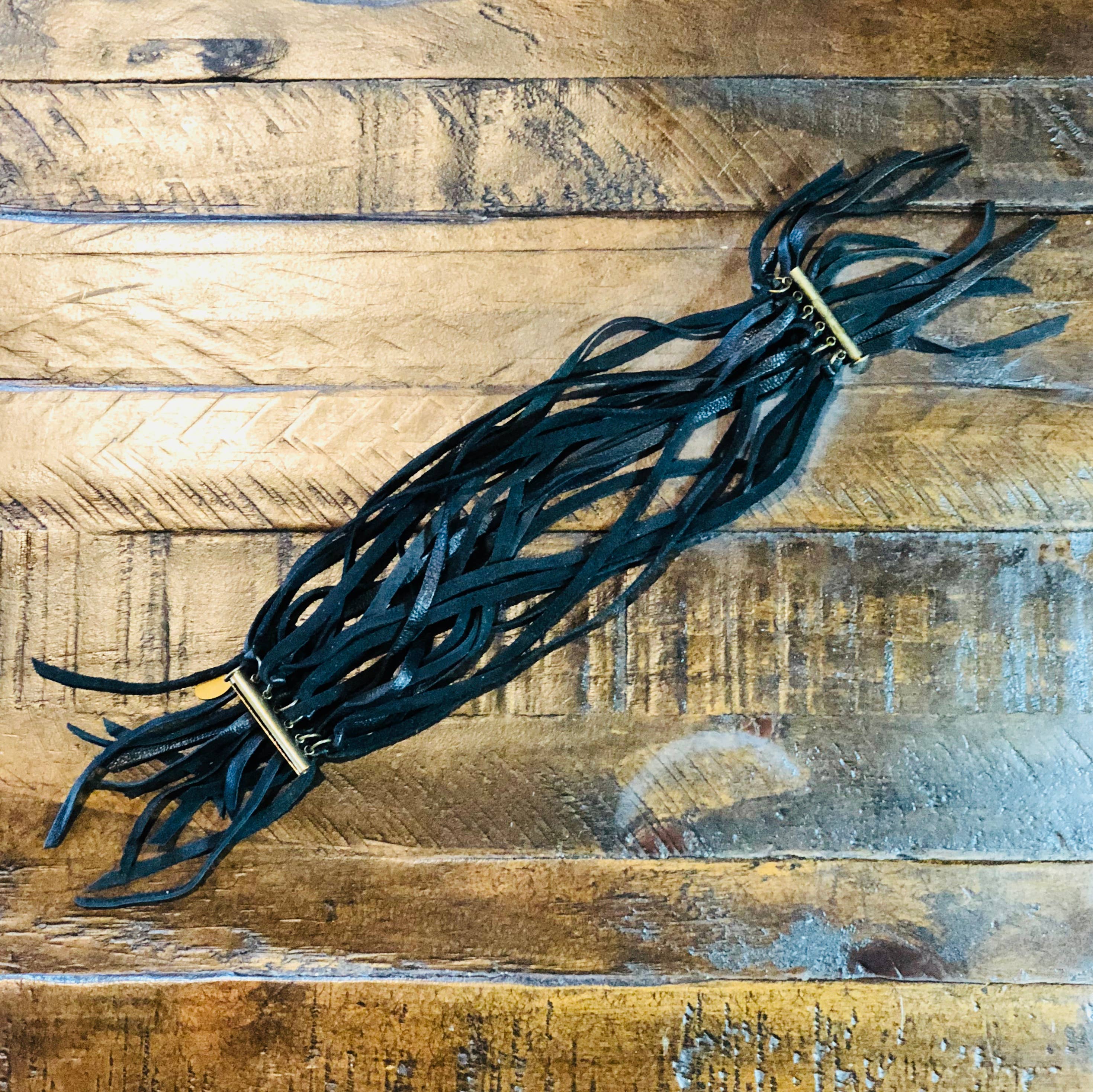 ASTALI - Wholesale Cuff Bracelet - Leather Biker Cuff - Black, Multi-Strand Fringe Bracelet1